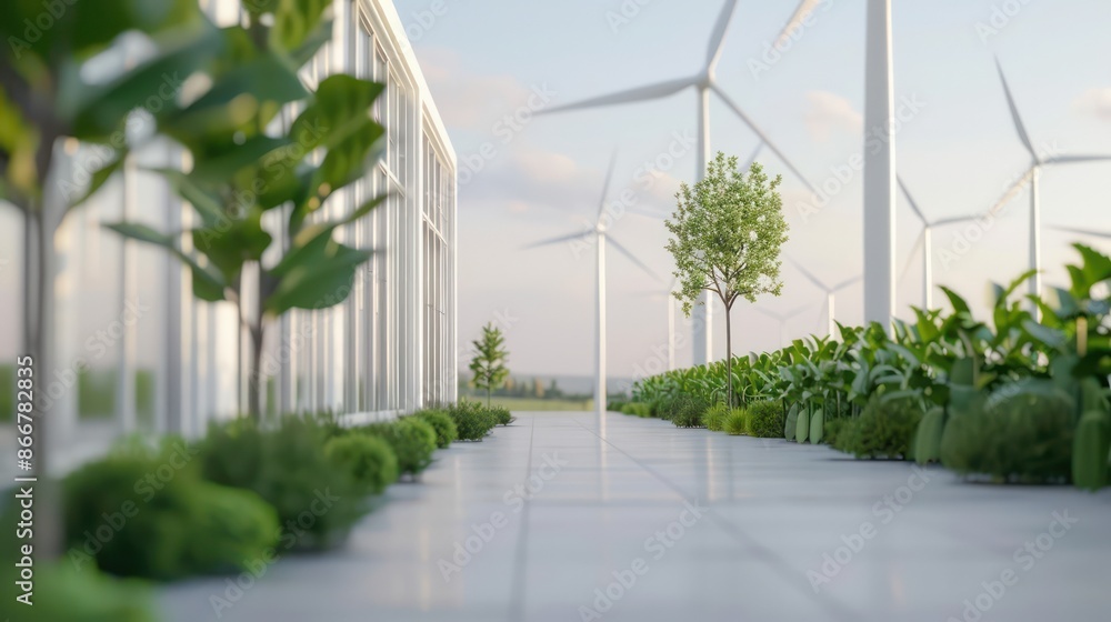 A walkway with a row of trees and a windmill in the background. The walkway is surrounded by plants and has a glass wall