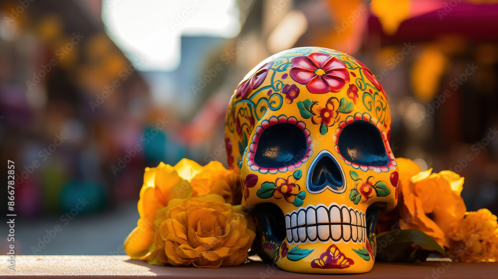 Sugar Skull with Marigold Flowers for Day of the Dead Celebration Sugar Skull with Marigold Flowers for Day of the Dead Celebration