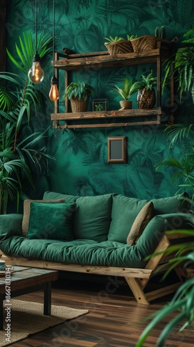 A cozy living room with a green sofa, plants, and hanging lights