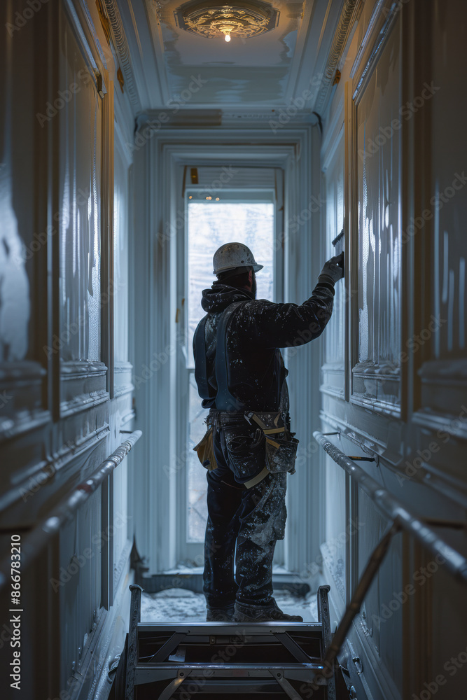 Clean, minimalist image of a repairman painting the edges of a room, emphasizing the sharp, clean lines and fresh look, Clean, minimalist image of a repairman painting the edges of a room, emphasizing the sharp, clean lines and fresh look,