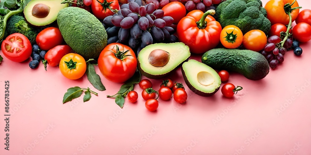 Variety of vegetables and fruits. Top view with blank copy space for text. Variety of vegetables and fruits. Top view with blank copy space for text.