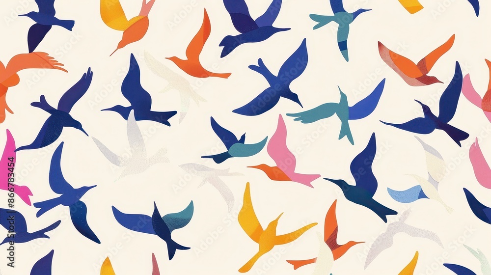 Pattern of stylized birds in flight, depicted in various colors such as blue, orange, pink, yellow, and purple, set against a light beige background Pattern of stylized birds in flight, depicted in various colors such as blue, orange, pink, yellow, and purple, set against a light beige background