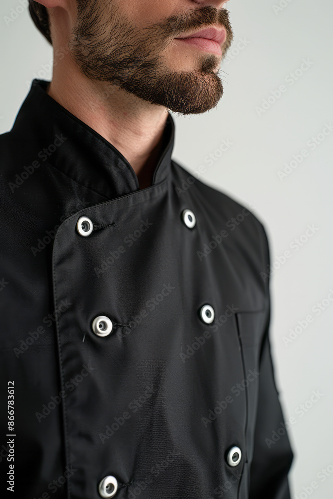 Close-up of a black chefs jacket with silver buttons against a simple white backdrop, Close-up of a black chefs jacket with silver buttons against a simple white backdrop,