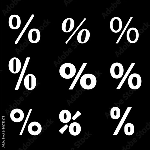 Percentage symbol set. White icons on black. Vector financial design. Simple bold style.