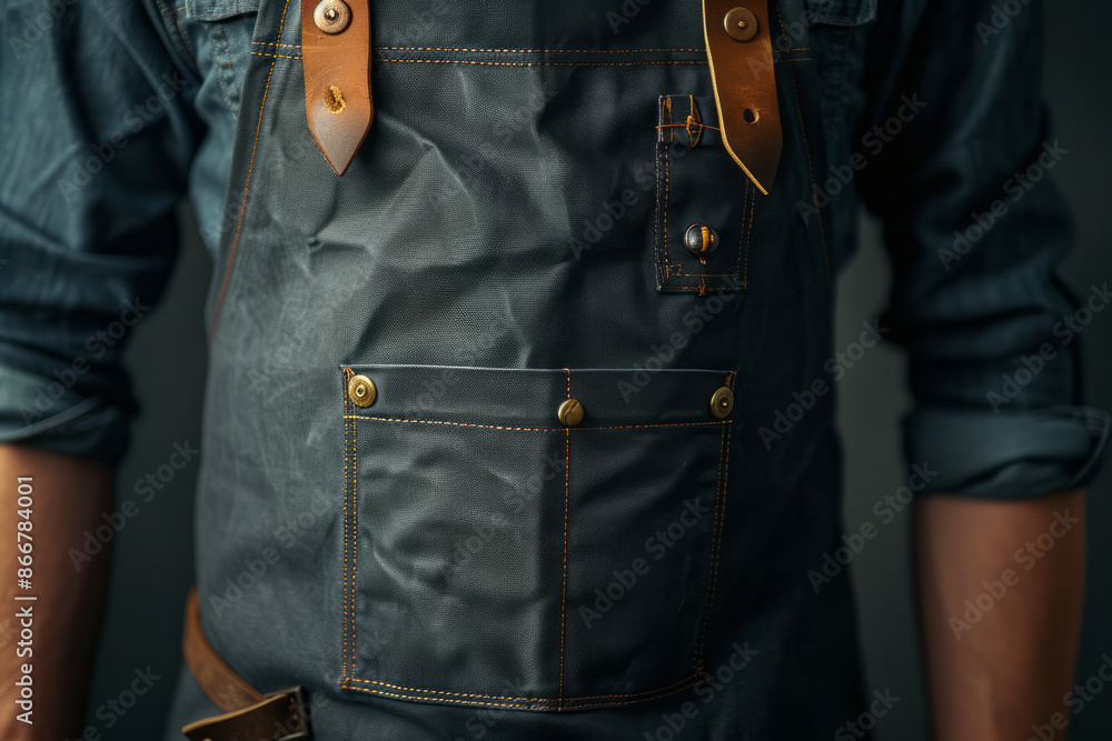 Detailed image of a baristas apron with pockets, set against a plain, dark background, Detailed image of a baristas apron with pockets, set against a plain, dark background,