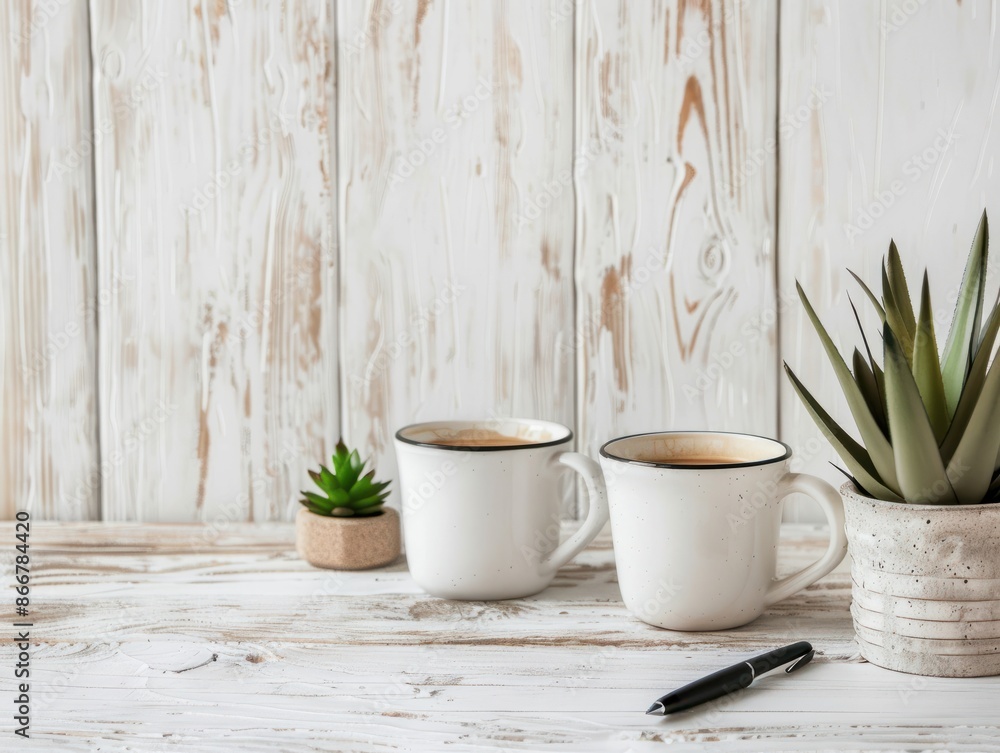 A beautiful minimalist desk with a potted plant, two coffee mugs, and a pen on a whitewashed wooden background. The perfect backdrop for your next blog post or product showcase. A beautiful minimalist desk with a potted plant, two coffee mugs, and a pen on a whitewashed wooden background. The perfect backdrop for your next blog post or product showcase.