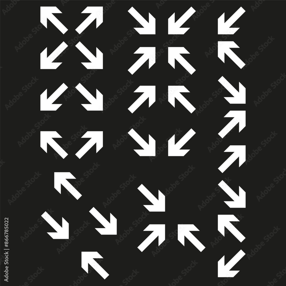 Arrow icons pattern. Directional arrows set. Black background contrast. Vector illustration. Arrow icons pattern. Directional arrows set. Black background contrast. Vector illustration.