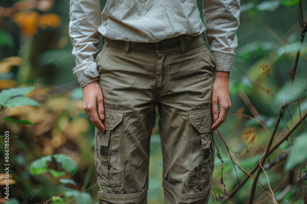 Close-up of a person wearing long sleeves and pants as protection against insect bites, with a simple backdrop, Close-up of a person wearing long sleeves and pants as protection against insect bites, with a simple backdrop,