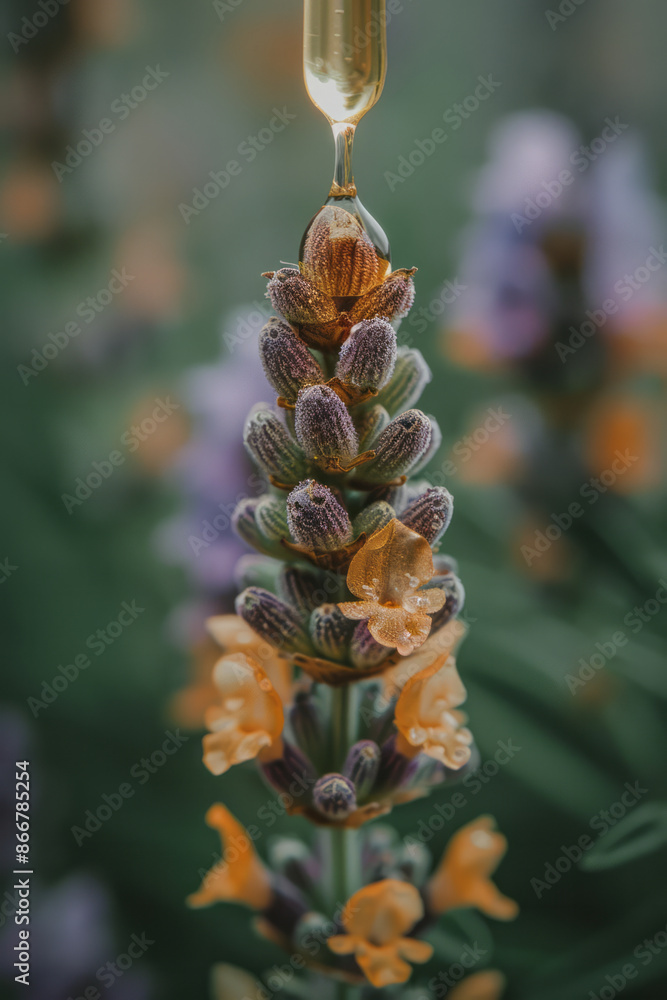 Macro view of a person applying lavender oil to an insect bite, with a minimalist design, Macro view of a person applying lavender oil to an insect bite, with a minimalist design,