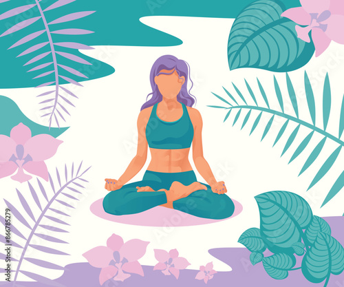 Girl with purple hair meditates in the lotos pose. Faceless vector illustration. Yoga practice in nature among green plants and orchids