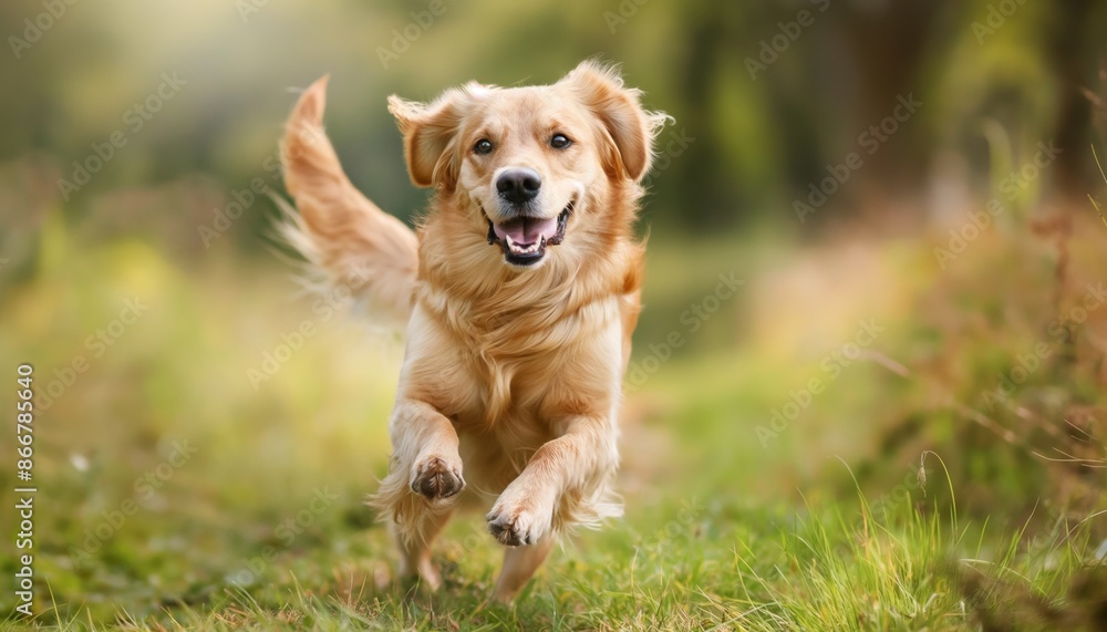 A playful golden retriever joyfully running on a grassy field, with its tail wagging and ears flapping in the air, capturing the essence of freedom and happiness. A playful golden retriever joyfully running on a grassy field, with its tail wagging and ears flapping in the air, capturing the essence of freedom and happiness.