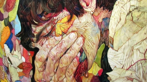 Colorful abstract painting of a person covering their face with a hand, showing emotion and depth through vibrant textures and hues.