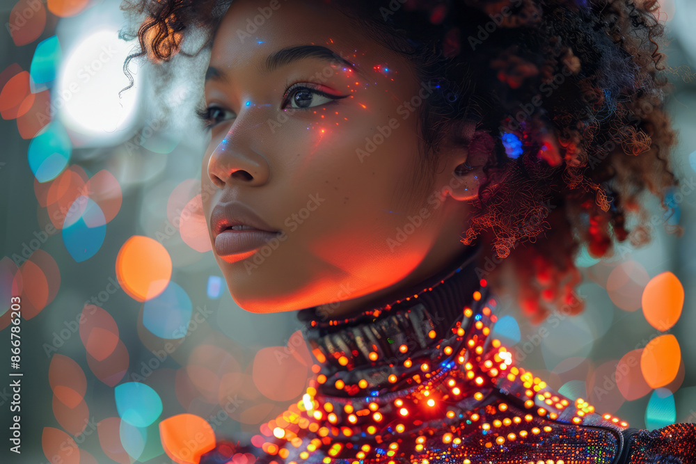 Fototapeta premium Model displaying a high-tech bodysuit with color-changing properties, highlighted by the bright runway lights,