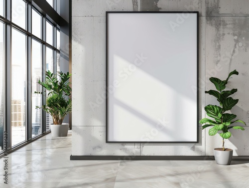 An empty poster frame in a modern office interior, on a concrete wall, with natural light from windows, concept of advertising space. Generative AI