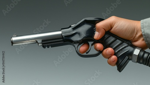 A close-up image of a hand holding a revolver against a gray backdrop, highlighting the weapon and its handling