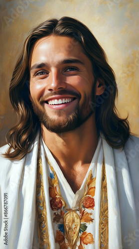 Portrait of Jesus Christ, son of God,  Handsome bearded man, religious portrait, Christianity, holy background