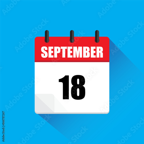 September calendar icon. Date number eighteen. Red and white design. Blue background shadow.