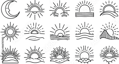 Vector set of linear moon, sunset and light rays. Hand drawn sunburst, golden outline sun line art icons in minimal bohemian style