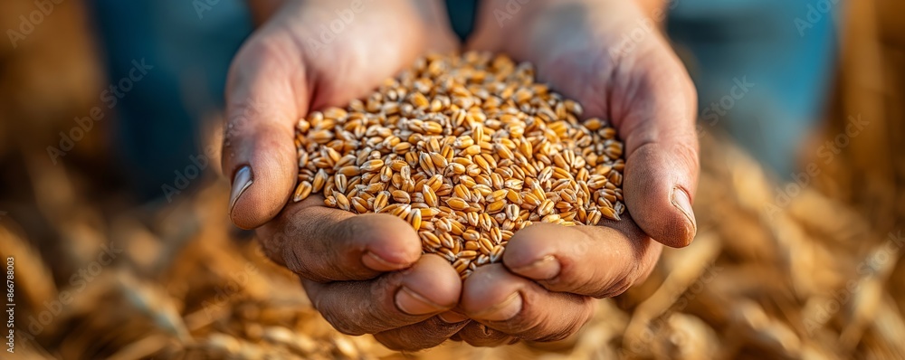 Hands holding a large amount of wheat grains, with a blurred agricultural field in the background Hands holding a large amount of wheat grains, with a blurred agricultural field in the background