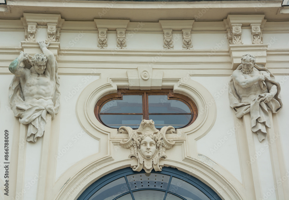 Sculptures and Bas-relief at the entrance to the Belvedere palace complex, a landmark of the Austrian capital.