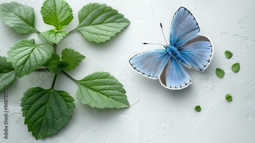   Blue butterflies perched on green leaves photo