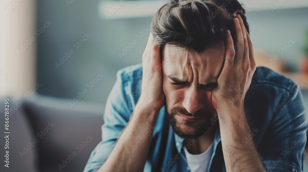 depression, depressed man, in distress, holding his head with his hands, sitting in a contemporary living room, showing signs of stress or anxiety depression, depressed man, in distress, holding his head with his hands, sitting in a contemporary living room, showing signs of stress or anxiety