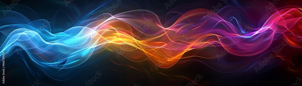 A digital illustration of abstract light waves, glowing in multiple colors, on a dark background A digital illustration of abstract light waves, glowing in multiple colors, on a dark background