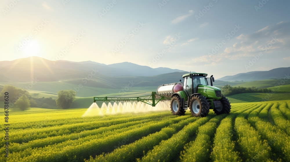 Fototapeta premium Tractor spraying pesticides with sprayer on wheat field during the spring season