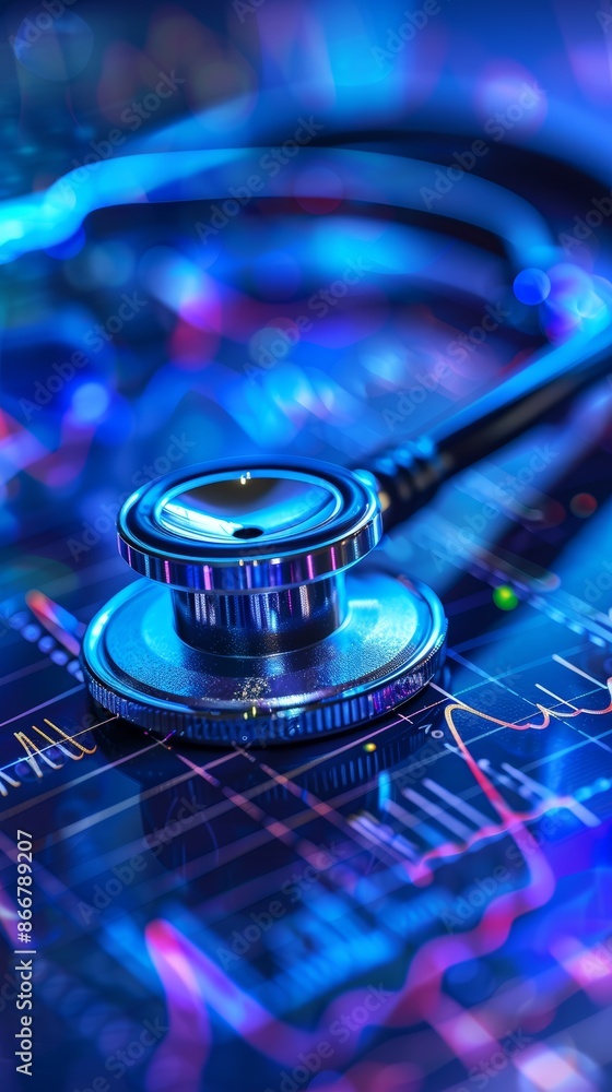 A close-up of a stethoscope lying on a reflective surface with a digital heartbeat graph in the background, in blue tones A close-up of a stethoscope lying on a reflective surface with a digital heartbeat graph in the background, in blue tones