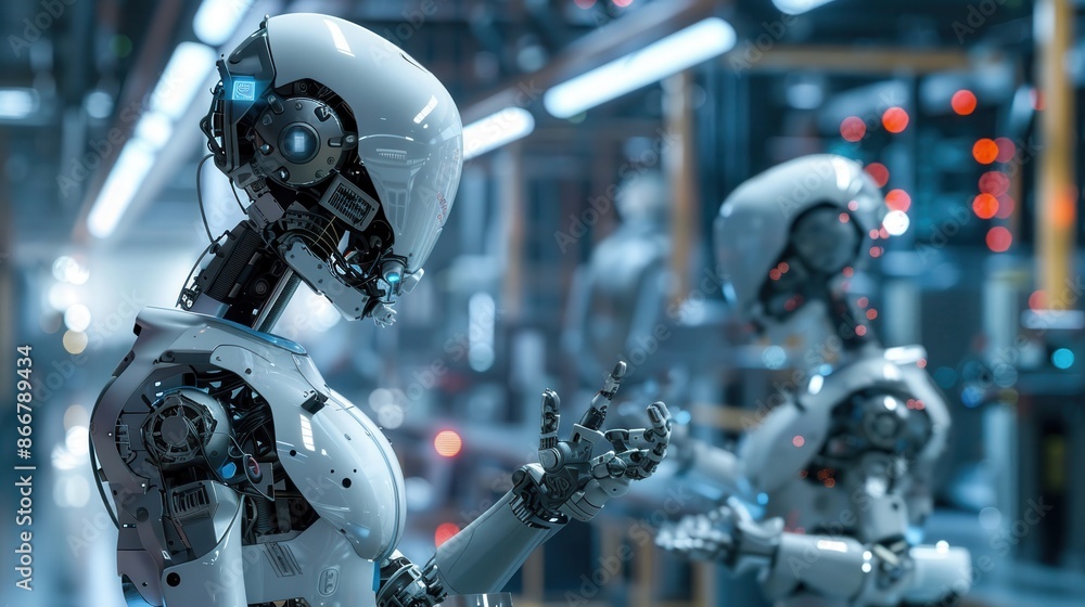 Advanced robotics in a modern manufacturing facility, holographic interfaces, cyberpunk, digital art Advanced robotics in a modern manufacturing facility, holographic interfaces, cyberpunk, digital art