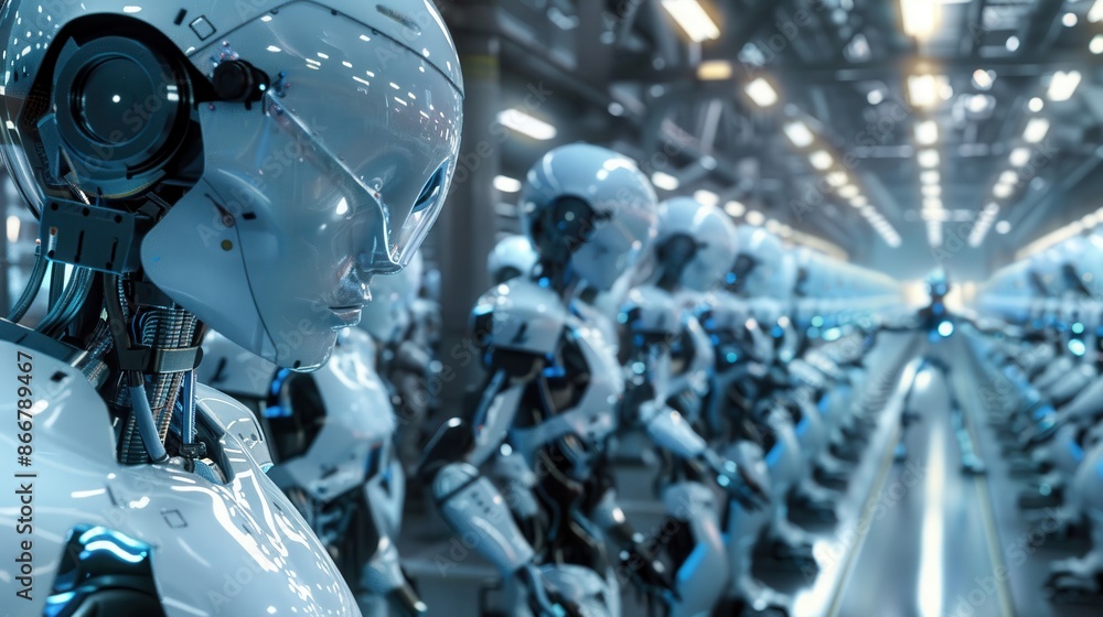 Fototapeta premium Advanced robotics in a modern manufacturing facility, holographic interfaces, cyberpunk, digital art