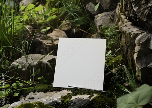 A blank white square canvas is leaning against the stone wall of an ancient garden ai generative