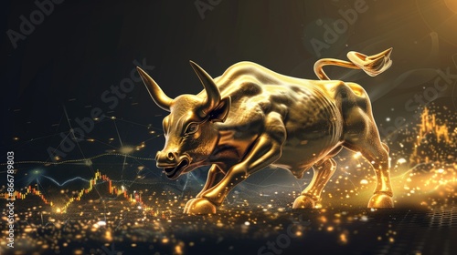 A gold bull is standing on a black background with a lot of gold glitter © BOONJUNG