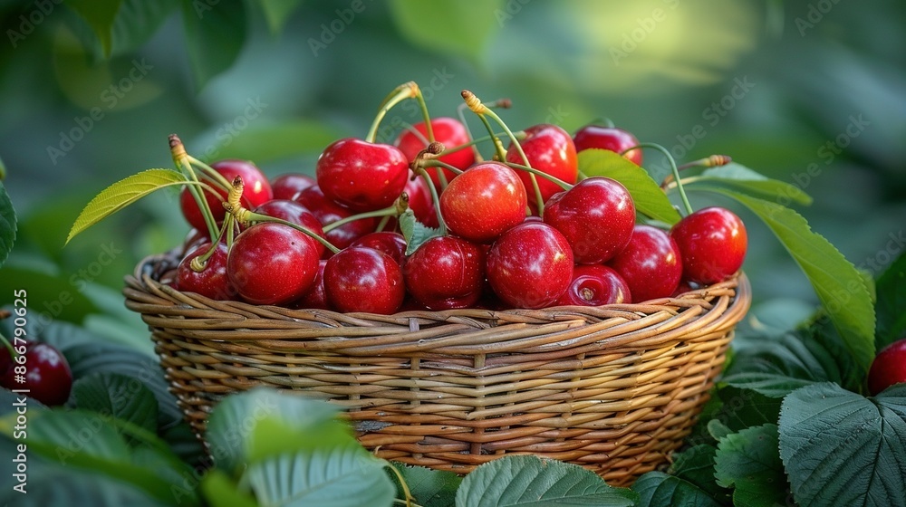 Wicker basket, red cherries, green leaves, bushel Wicker basket, red cherries, green leaves, bushel