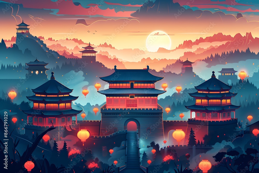 Obraz premium A dynamic flat design illustration depicting a cityscape with iconic landmarks like the Great Wall and the Forbidden City, decorated with festive lanterns for National Day