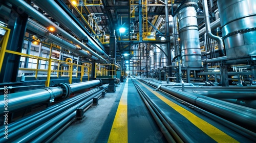 Interior of a modern industrial facility showcasing extensive piping and advanced machinery, highlighting technological and engineering precision