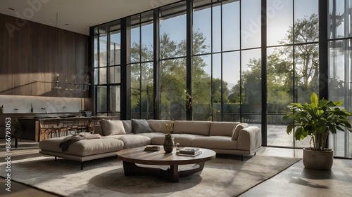 Luxurious Modern Living Room with Floor-to-Ceiling Windows and Plush Furniture, Bathed in Natural Light and Offering a Stunning View photo
