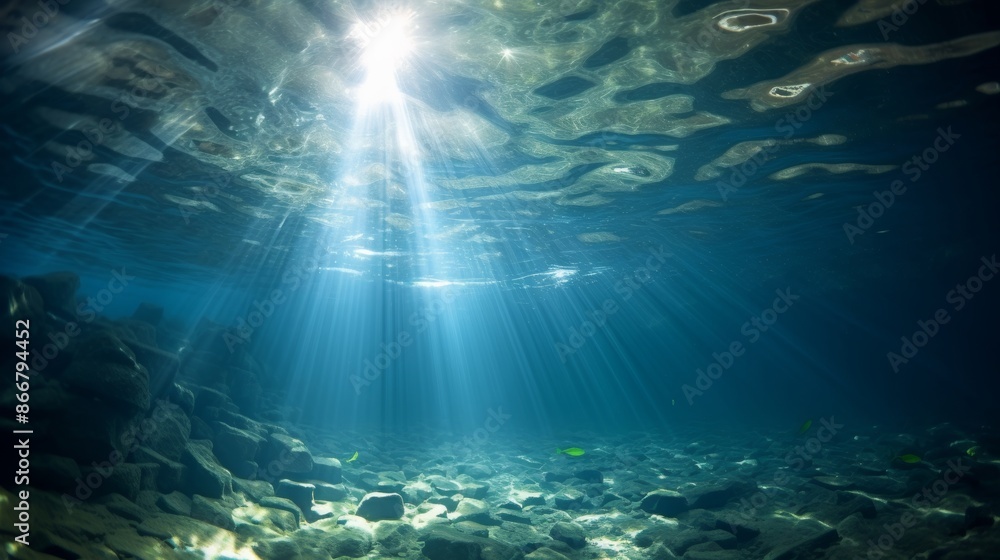Sunlight illuminating ocean depths under clear blue waters with gentle waves in summer Sunlight illuminating ocean depths under clear blue waters with gentle waves in summer