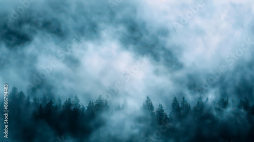 Background with fog effect. Cloudy sky. Mountains peeking through the fog and cloudy sky