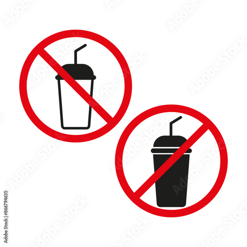 No drinks icon. Red prohibition circle. Beverage with straw banned. Black and white vector.