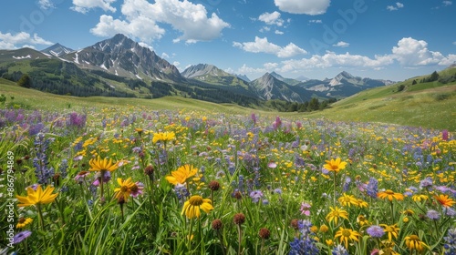 Scenic view of a meadow with diverse wildflowers against a backdrop of mountain peaks and blue skies