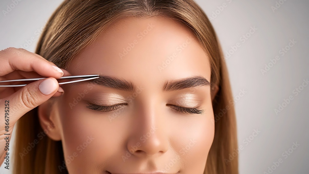 Eyebrow Shaping: Close-up of Beautician Tweezing Client's Brows for Precision Eyebrow Shaping: Close-up of Beautician Tweezing Client's Brows for Precision