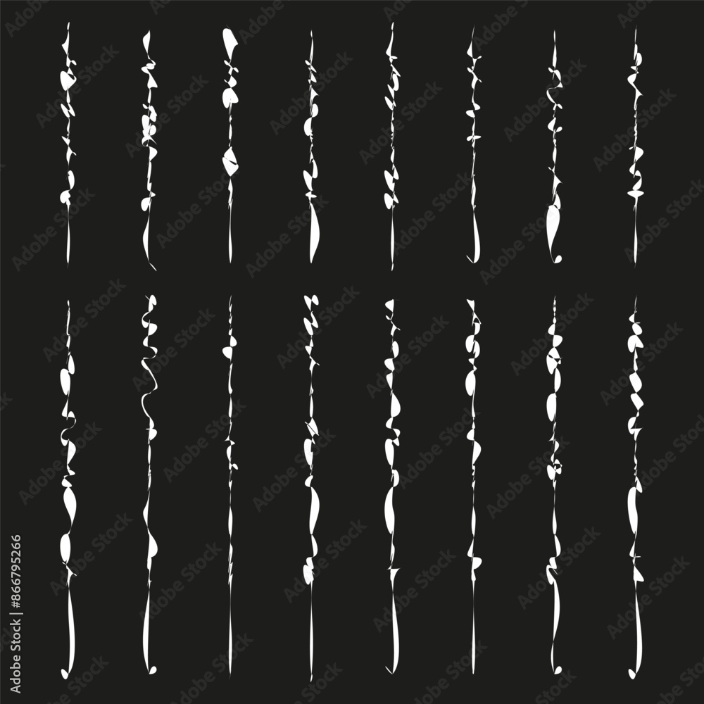 Vertical leaf patterns. White vines on black. Abstract botanical design. Decorative nature elements. Vertical leaf patterns. White vines on black. Abstract botanical design. Decorative nature elements.