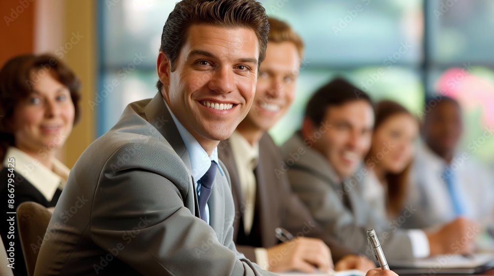 A group of business professionals smiling during a meeting. A group of business professionals smiling during a meeting.