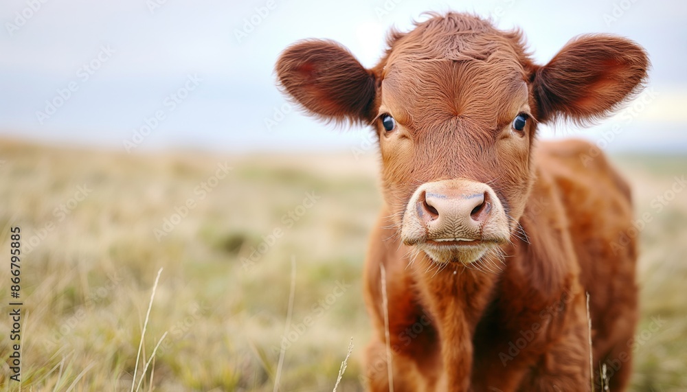 Close up of a curious red-brown cow in a field with a blurred natural background enhancing the portrait Close up of a curious red-brown cow in a field with a blurred natural background enhancing the portrait