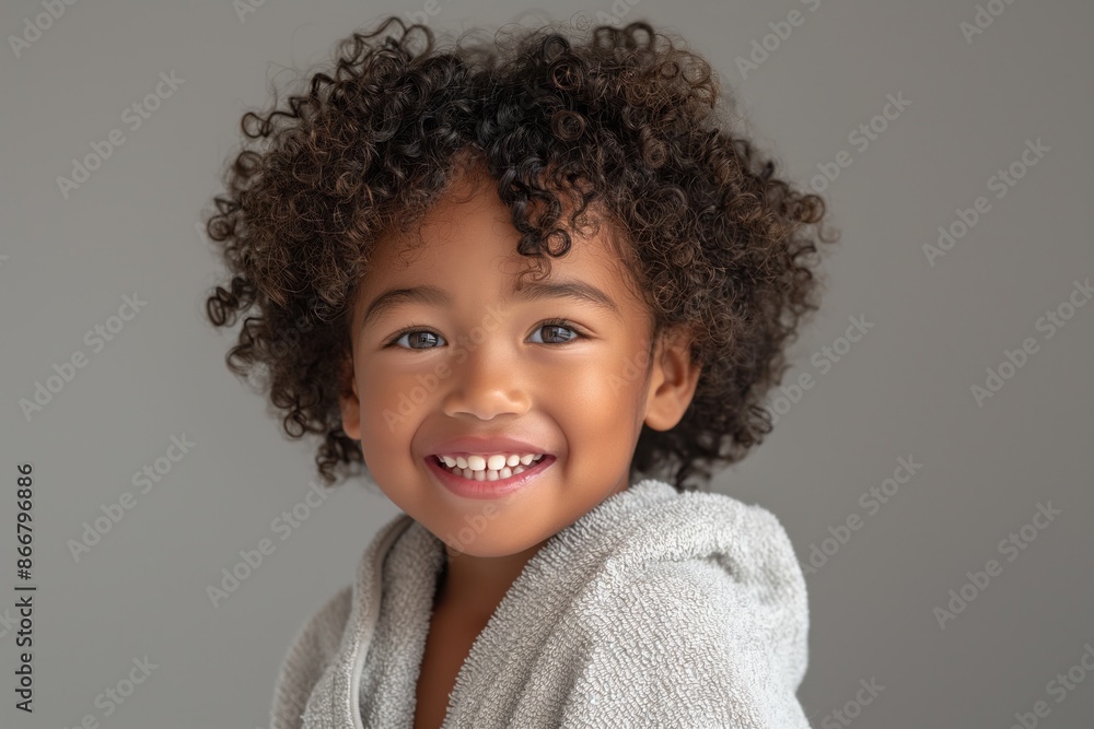 A cheerful child with curly hair, wrapped in a grey towel, displaying a bright smile that captures the essence of happiness, warmth, and the carefree joy of childhood moments. A cheerful child with curly hair, wrapped in a grey towel, displaying a bright smile that captures the essence of happiness, warmth, and the carefree joy of childhood moments.