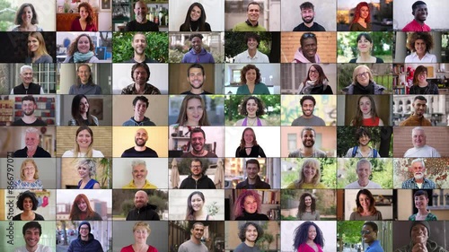 A colorful multiscreen display featuring 64 people from various ethnicities and age groups, all smiling. The diverse array of happy faces creates a lively and positive visual experience.