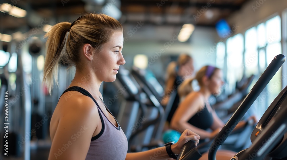Fototapeta premium A woman uses a treadmill at a gym, with others exercising in the background, emphasizing fitness.
