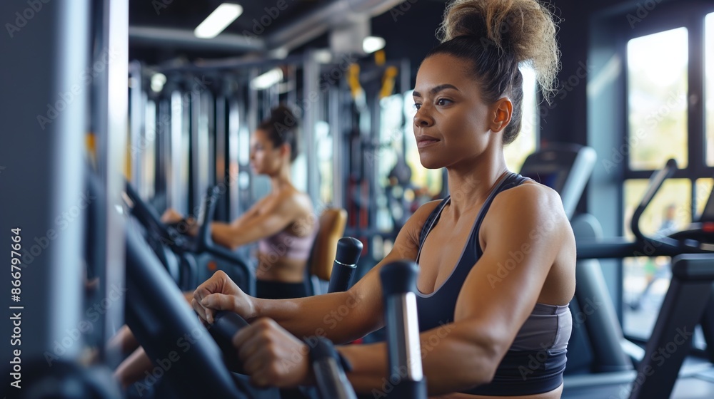 Women working out on machines in a gym, focusing on their cardio and endurance training. Women working out on machines in a gym, focusing on their cardio and endurance training.