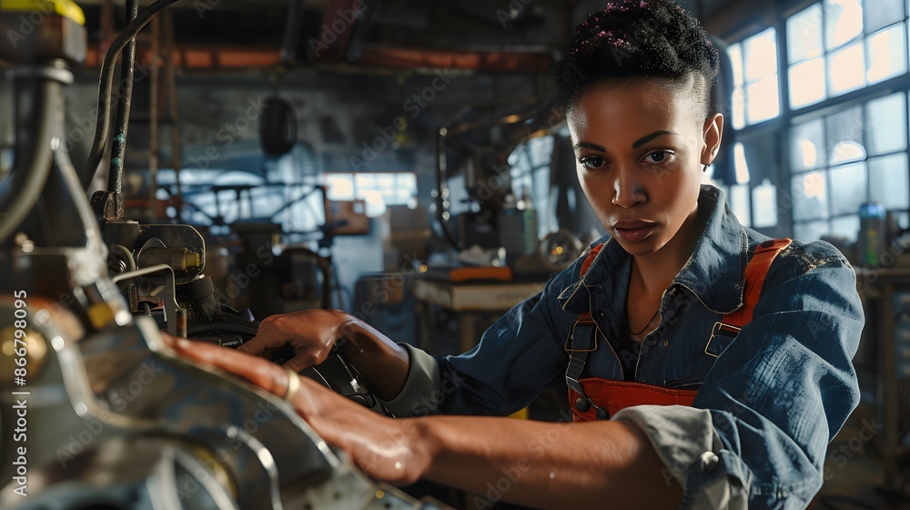 Black woman, worker, working on heavy stand, lathe Black woman, worker, working on heavy stand, lathe